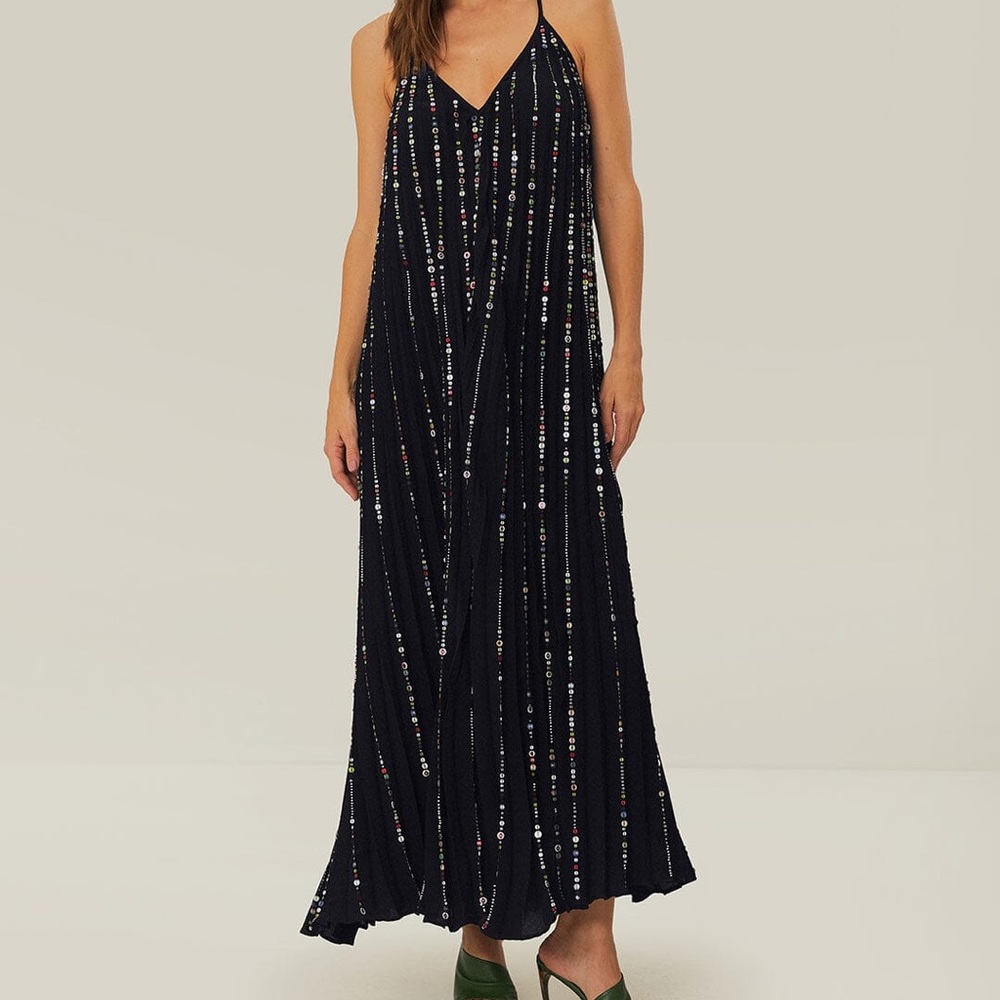 NWT Farm Rio Black Embroidered Stones Pleated Midi Dress